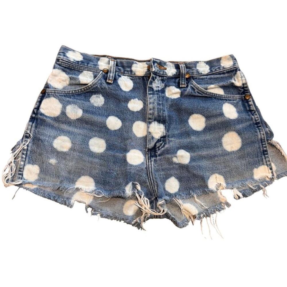 White Polka Dot Denim Wrangler Cut-Off Shorts